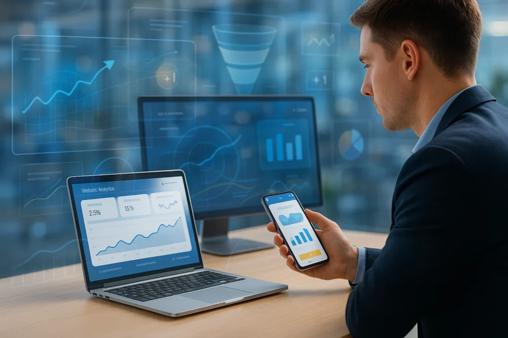 B2B SaaS analytics reporting dashboard on laptop and mobile with real time performance metrics