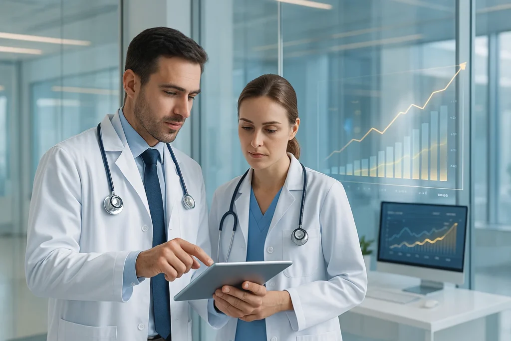 Doctors reviewing digital charts in a medical clinic using a tablet.