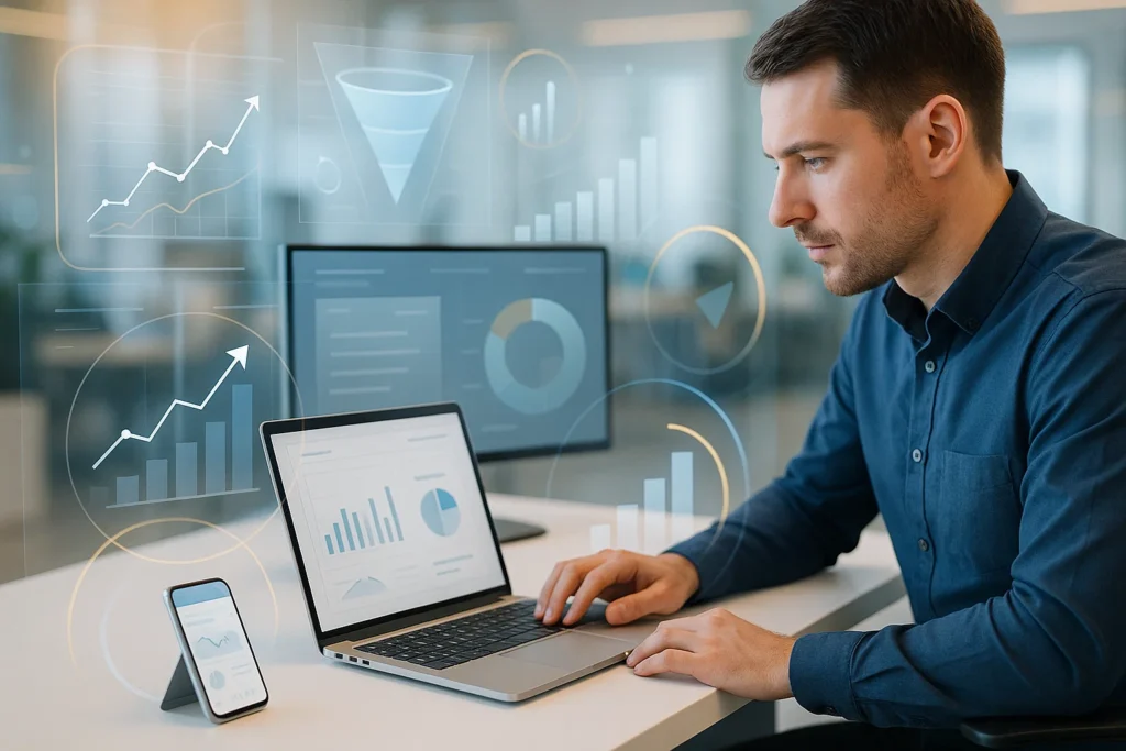 SEO data analysis on laptop and smartphone with charts and performance metrics.