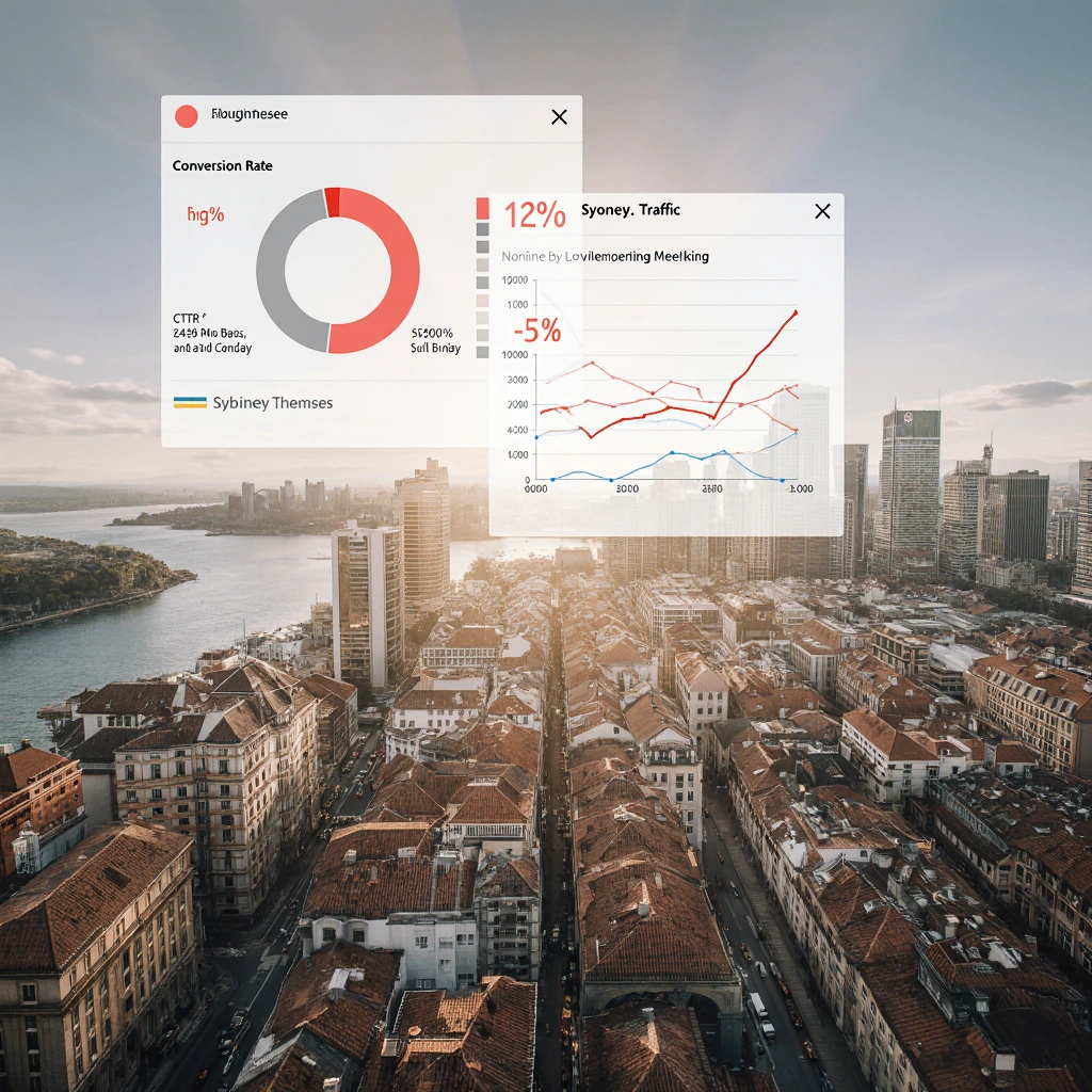 Sydney's urban landscape with analytical graphs and charts symbolizing BonBoost's effectiveness and measurable results